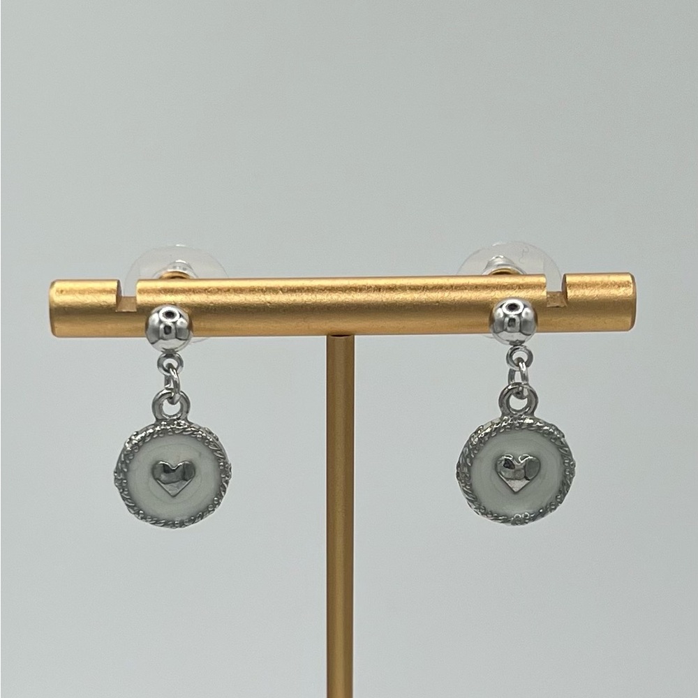 Silver Heart Drop Earrings with White Enamel - Picture 3 of 3